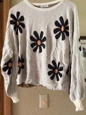 Off white Floral Knit Sweater with Black Daisies